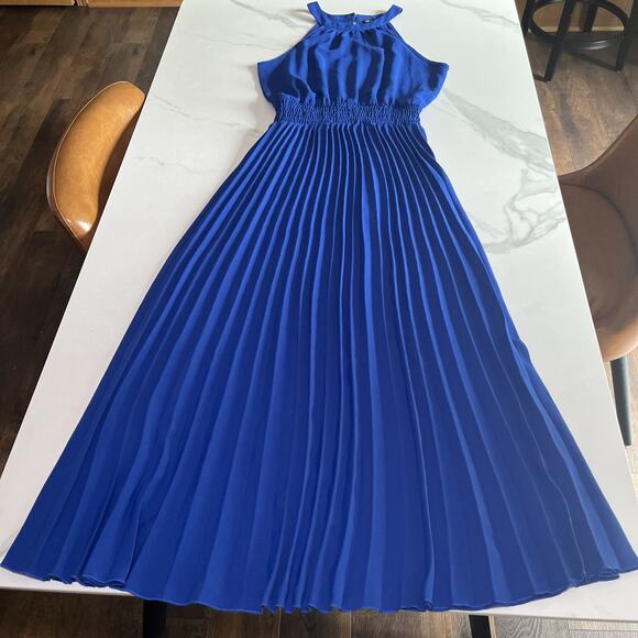 PRETTY GARDEN Royal Blue Maxi Dress Casual Halter Neck Pleated Size Small NWOT - Picture 1 of 12